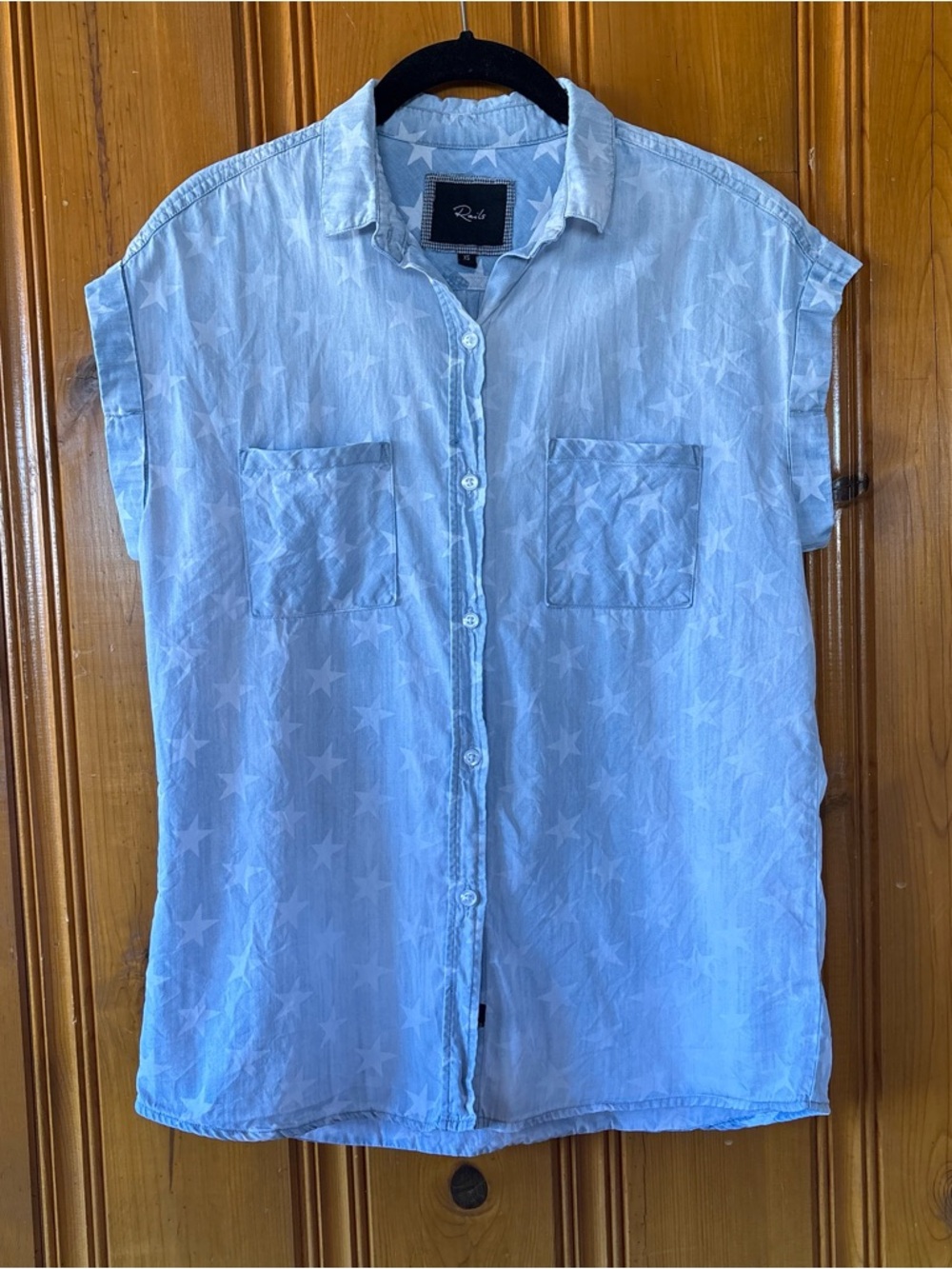 Rails Chambray Windowpane Button Up Tank Top Blue Denim w Stars Sz XS